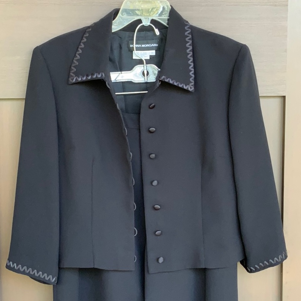 Donna Morgan 3-Season Black Pantsuit with 3/4 sleeves and satin trim
